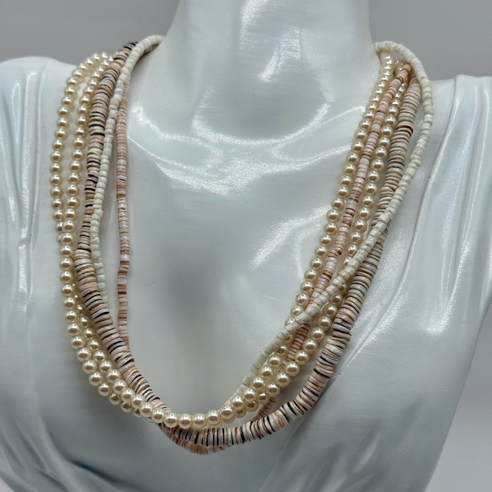 Vintage Carolee Necklace Multi Strand With Pearls And Shell Choker Necklace